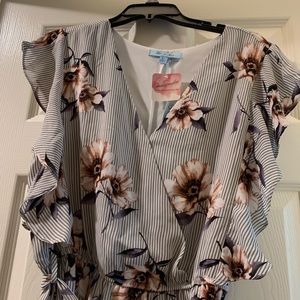 White and blue pin stripe floral dress